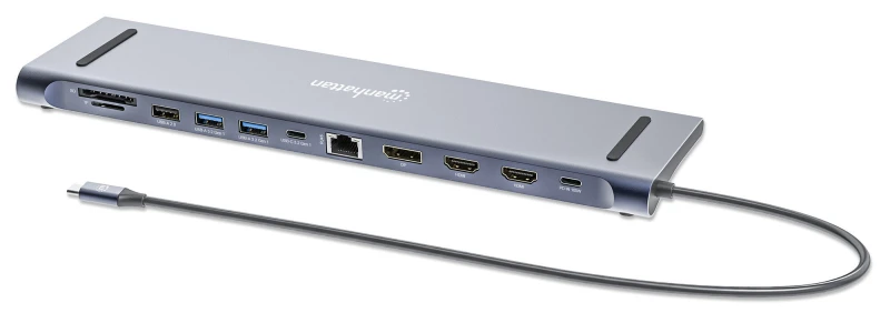 Image of Manhattan Manhattan USB-C Dock/Hub with Card Reader, Ports (x10): Audio 3.5mm, DisplayPort, Ethernet, HDMI (x2),USB-A (x3) and USB-C (x2),Power Delive