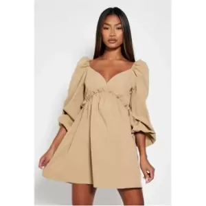 Image of I Saw It First Woven Frill Detail V Neck Smock Dress - Brown