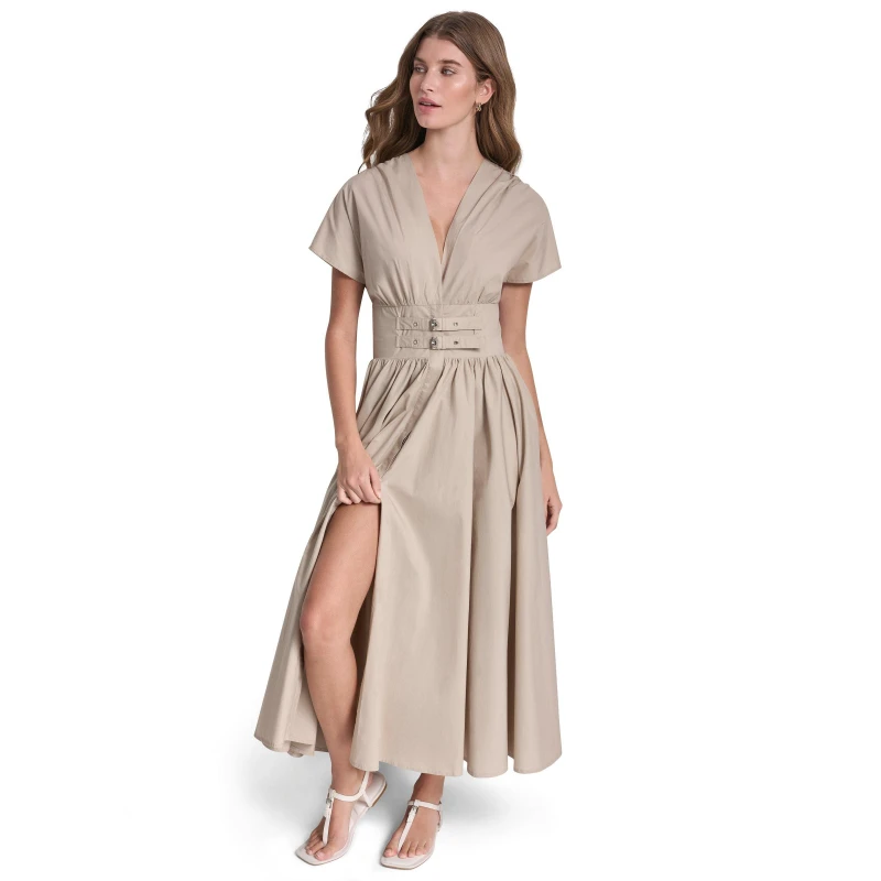 Image of DKNY Jeans Smocked Midi Dress w/ Buckle Pebble female 8 (XS)