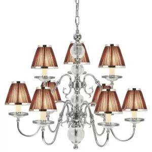 Image of Flemish Ceiling Pendant Chandelier Polished Nickel & Brown Shades 5 Lamp Light