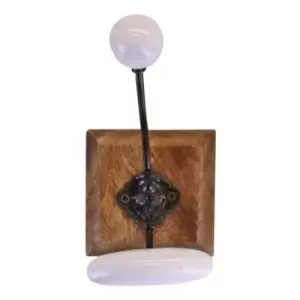 Image of Double White Ceramic Coat Hook On Wooden Base