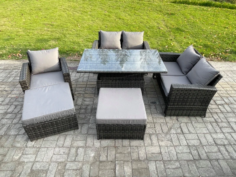 Image of Fimous 7 Seater Wicker Rattan Garden Furniture Rising Table Set with 2 Big Footstool Double Seat Sofa Armchairs Dark Grey Mixed Dark Grey Unisex