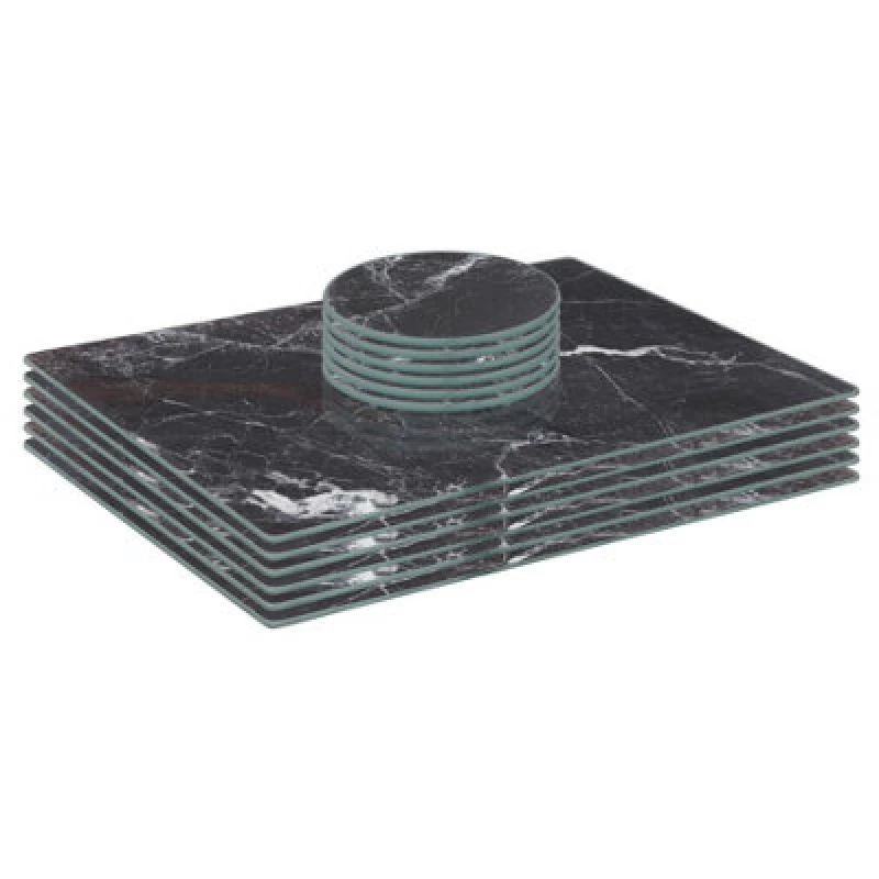Image of Harbour Housewares 12Pc Glass Placemats & Round Coasters Set - 30 X 20Cm Black Marble Dining Table Protection Place Mats Coasters