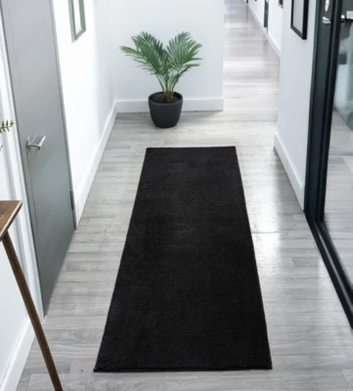 Image of Comfy Washable Low Pile Living Room Area Rug - Anti Slip Felt Backing Black 60Cm X 200Cm