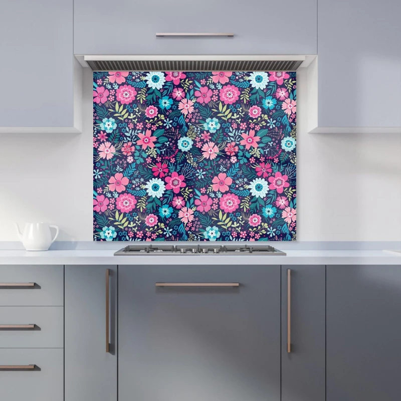 Image of Warren Reed - Designer Cute Colourful Flower Pattern Kitchen Splashback in Blue Size: 600mm x 750mm Blue Unisex 600mm x 750mm