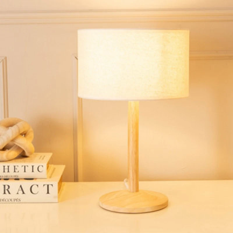 Image of ValueLights Triston Natural Light Wood Stem Table Lamp with Linen Trim Drum Lamp Shade White