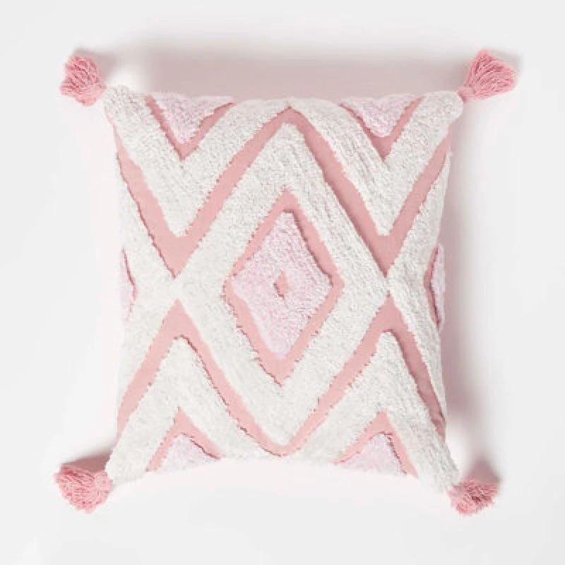 Image of Homescapes Geometric Ikat White & Pink Tufted Cotton Cushion With Tassels 45 X 45 Cm