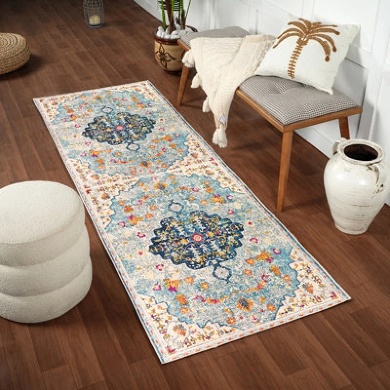Image of Livabliss Vintage Oriental Boho Sky Blue/saffron Chinu Runner Rug 80 X 220 Cm - Easy Care, Non Shedding, Ideal For Hallway Or Beside The Bed