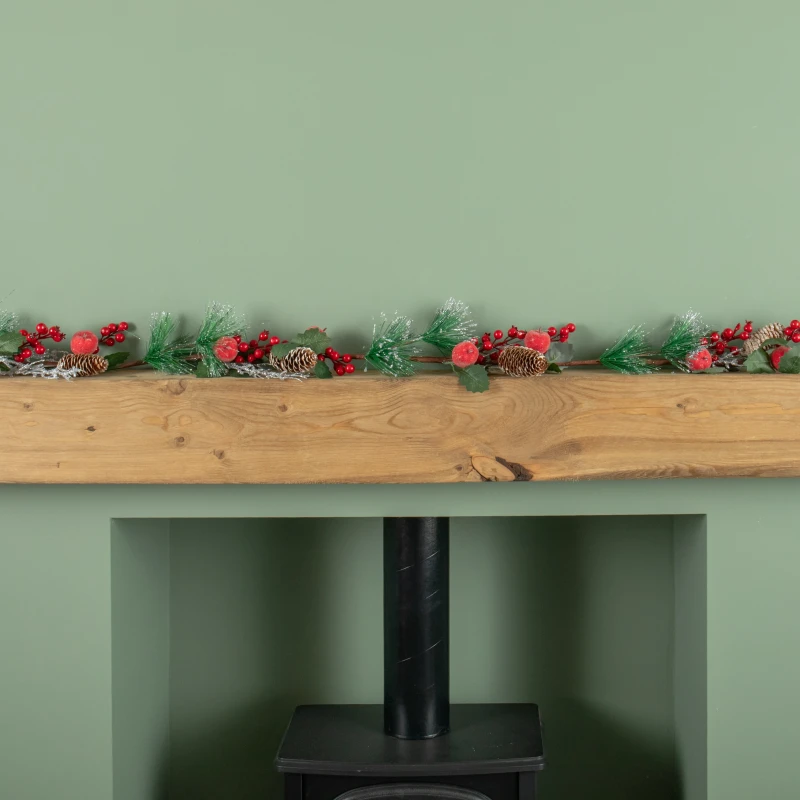 Image of 1.5m (150cm) Christmas Garland with Red Berries, Frosted Apples and Pinecones
