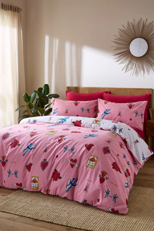 Image of Their Nibs 'Mon Coeur' Cotton Reversible Duvet Cover Set in Pink Size: King Pink Unisex King