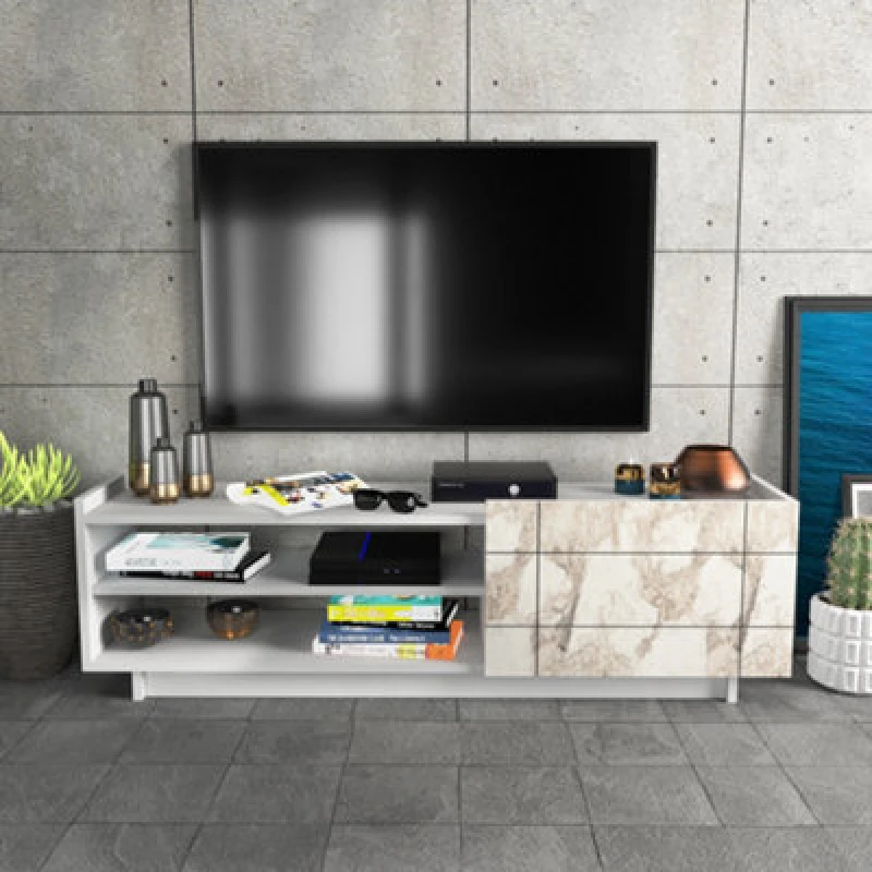 Image of Decorotika Valantina TV Stand TV Unit For Tvs Up To 63" White Marble Effect & White