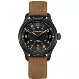 Image of Hamilton Khaki Field Titanium Black Dial Brown Leather Strap Automatic H70665533 Mens Watch