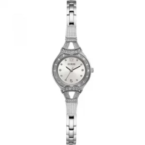 Image of GUESS Ladies silver watch with crystals, white dial and silver bracelet.