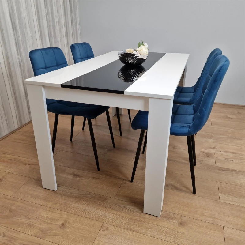 Image of KOSY KOALA Dining Table and 4 Chairs White Black Wood 4 Velvet Blue Chairs Dining Room Modern w/b 140 + 4 blue rocco