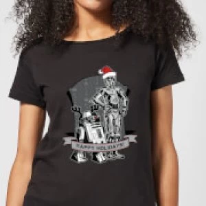 Image of Star Wars Happy Holidays Droids Womens Christmas T-Shirt - Black