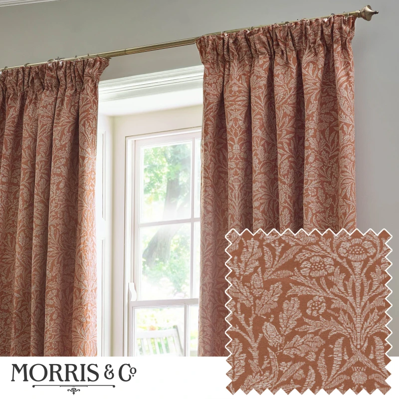 Image of Morris & Co Morris & Co Acorn Tonal Matt Jacquard Room Darkening Pencil Pleat Curtains in Red Size: 117cm width x 183cm drop Red 117cm width x 183cm