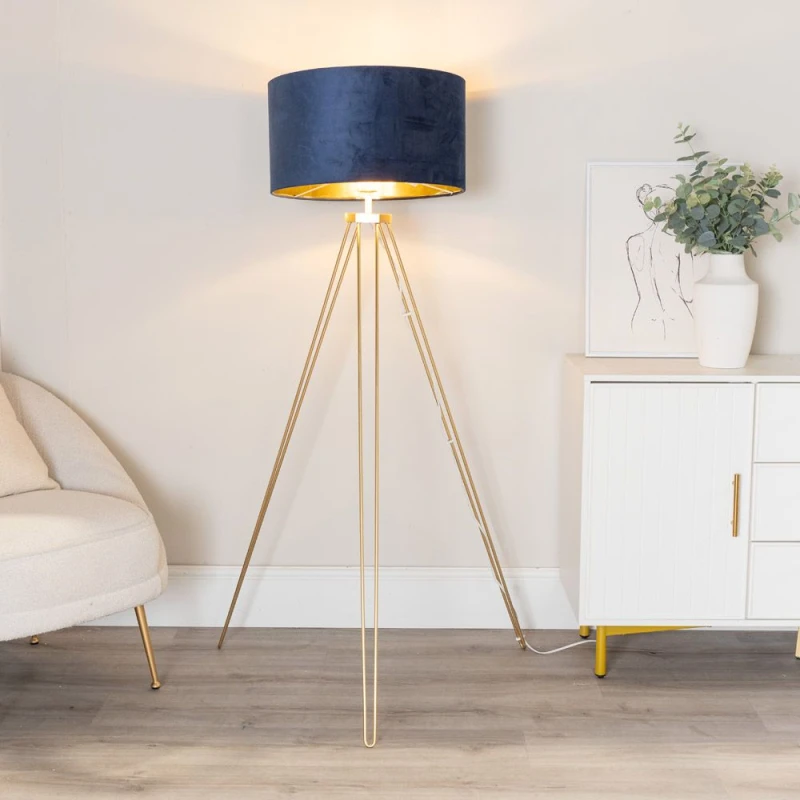 Image of ValueLights ValueLights Aero Hairpin Gold Tripod Floor Lamp with Velvet and Gold Drum Lamp Shade & Bulb in Dark Navy Dark Navy One Size Unisex 5059406