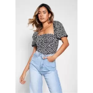 Image of I Saw It First Square Print Puff Sleeve Bodsyuit - Black