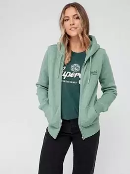 Image of Superdry Vintage Logo Emb Ziphood - Green, Size 10, Women