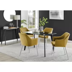Image of Furniturebox Malmo Rectangular Glass and Black Wooden Leg Modern Industrial Dining Table & 4 Mustard Calla Silver Leg Velvet Chairs