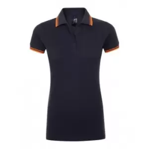 Image of SOLS Womens/Ladies Pasadena Tipped Short Sleeve Pique Polo Shirt (S) (French Navy/Neon Orange)