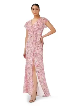 Image of Printed Chiffon Surplice Gown
