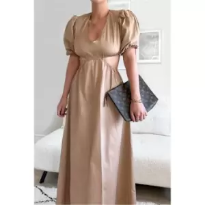 Image of I Saw It First Stone Cotton Poplin Puff Sleeve Cut Out Maxi Dress - Brown