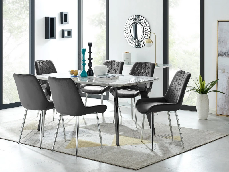 Image of FurnitureboxUK FurnitureboxUK Andria Marble Effect Dining Table With Black Legs & 6 Pesaro Velvet Silver Leg Chairs Black One Size Unisex 505654267146