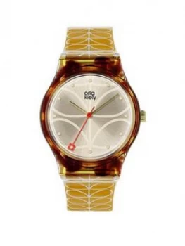 Image of Orla Kiely Bobby Champagne and Tortoise Shell Dial Gold Stem Print Silicone Strap Ladies Watch, One Colour, Women