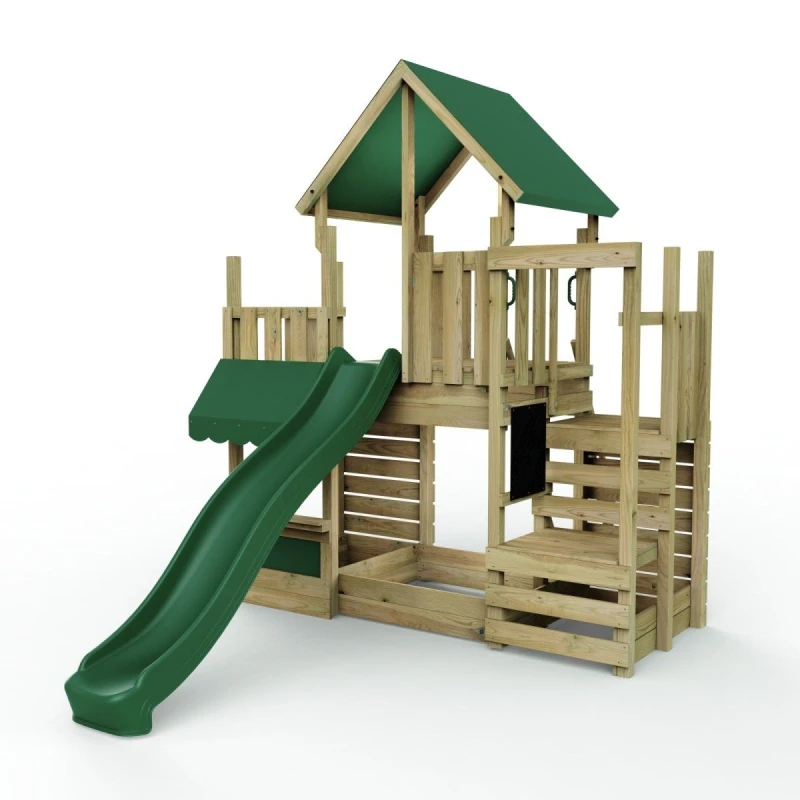 Image of Rebo Wooden Climbing Frame with Shopfront, Play Tower and Slide - M22 Shop Brown