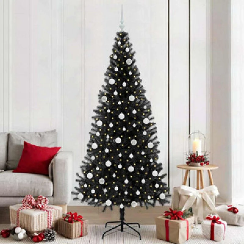 Image of vidaXL Christmas Tree with 300 LEDs, White Balls with Stand Black 210cm PVC, Black 3396490