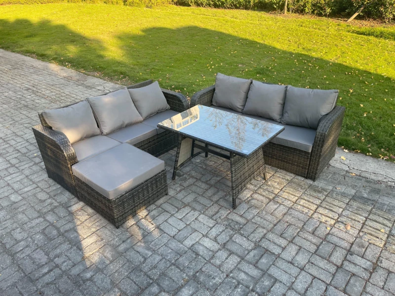 Image of Fimous 7 Seater Garden Furniture Sofa Set Rectangular Dining Table Big Footstool Indoor Outdoor Rattan Set Dark Grey Mixed Dark Grey