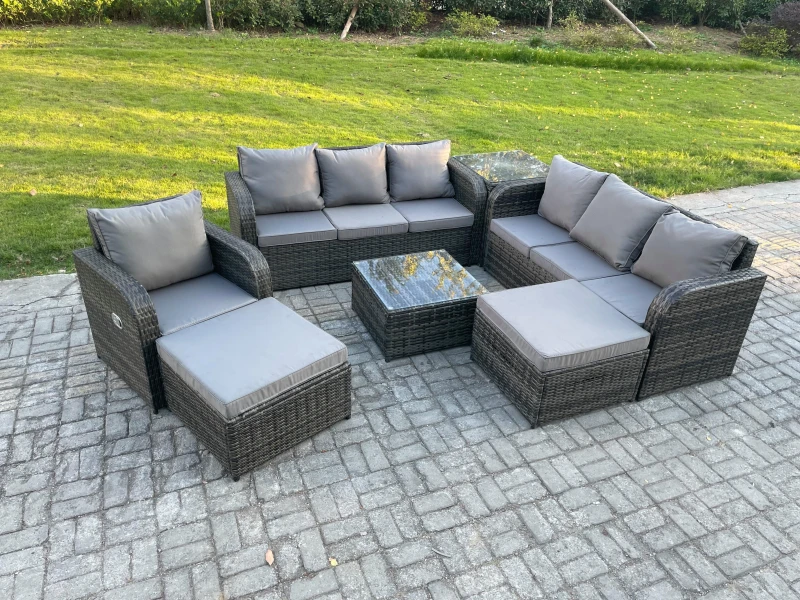 Image of Fimous 9 Seater Outdoor Rattan Garden Furniture Set Conservatory Patio Sofa Coffee Table With Reclining Chair 2 Big Footstool Side Table Dark Grey