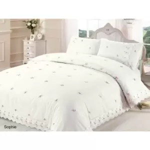 Image of Sophie Duvet Quilt Cover Floral Lace Trim Embroidered Bed Set, Polyester-Cotton, Cream, Single - Cream