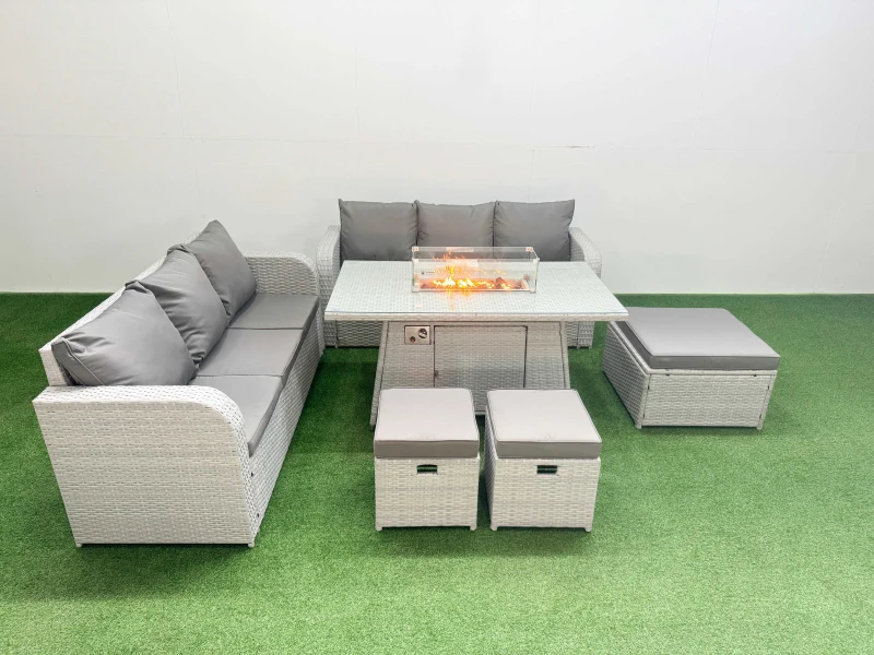 Image of Fimous Outdoor Garden Furniture Sets 9 Seater Wicker Rattan Furniture Sofa Sets with Firepit Dining Table high Back Lounge Sofa 3 Stools Light Grey Li