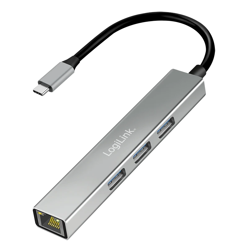 Image of LogiLink USB 3.2 Gen1 Hub. 3-port. USB-C. with Gigabit Ethernet. alumi