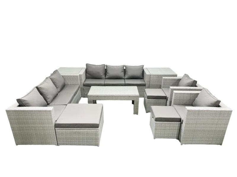 Image of Fimous Outdoor Garden Furniture Rattan Sofa Set with 2 Armchairs Oblong Coffee Table 3 Footstools 2 Side Tables Light Grey Mixed Light Grey