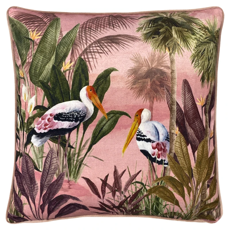 Image of Paoletti Paoletti Platalea Bird Printed Velvet Piped Cushion in Pink Size: 43cm x 43cm Pink 43cm x 43cm Unisex 5025532709912