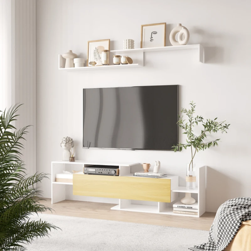 Image of HOMCOM HOMCOM TV Cabinet Unit w/ Wall-Mounted Shelf, Open Shelves White and Natural White One Size Unisex 5063603032255