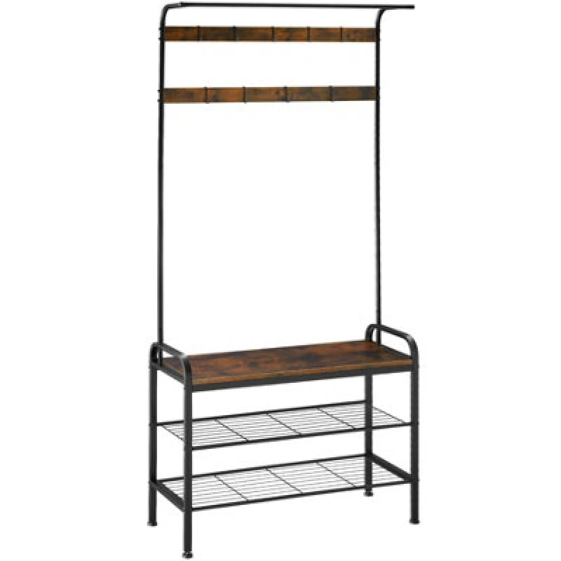 Image of Tectake Coat Stand - Shoe Rack, Seat, 2 Shelves And 9 Coat Hooks 85.5X36X184Cm - Industrial Wood Dark, Rustic