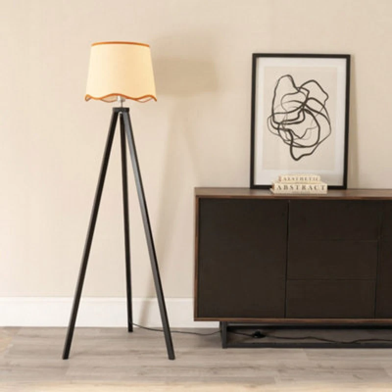 Image of ValueLights Barbro Black Wood Tripod Floor Lamp with Natural Linen Scallop Edge Shade Burnt Orange