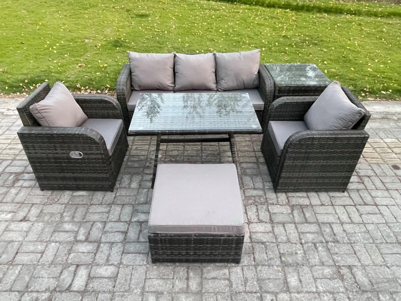 Image of Fimous Rattan Wicker Garden Furniture Patio Conservatory Sofa Set with Dining Table Reclining Chair Big Footstool Dark Grey
