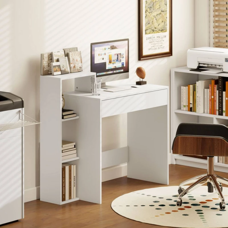 Image of HOMCOM Computer Desk with 3 Open Shelves & Drawer, White White Unisex
