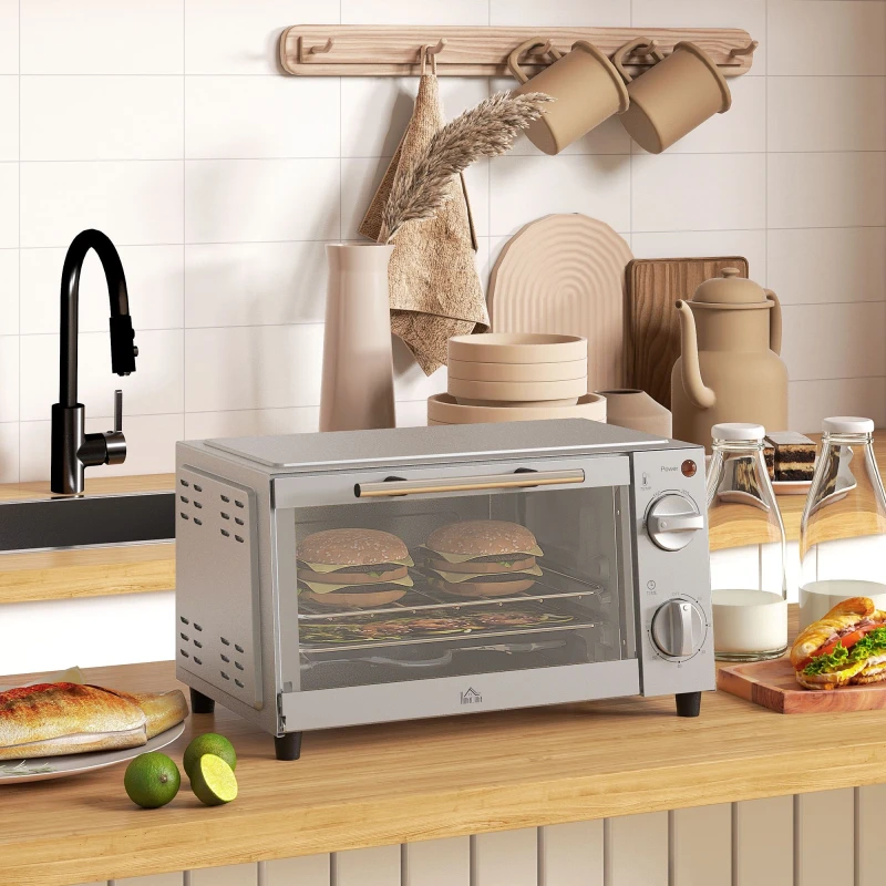 Image of HOMCOM Homcom - Mini Oven 9L Countertop Electric Grill w/ Temp Timer Control 750W Silver - Silver 5056725523985