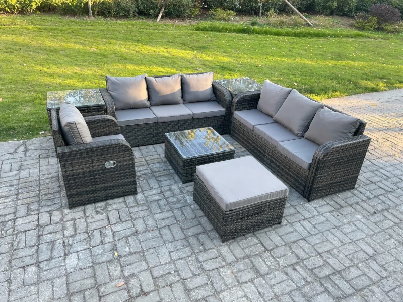Image of Fimous Outdoor Rattan Garden Furniture Set Conservatory Patio Sofa Coffee Table With Reclining Chair 2 Side Tables Big Footstool Dark Grey
