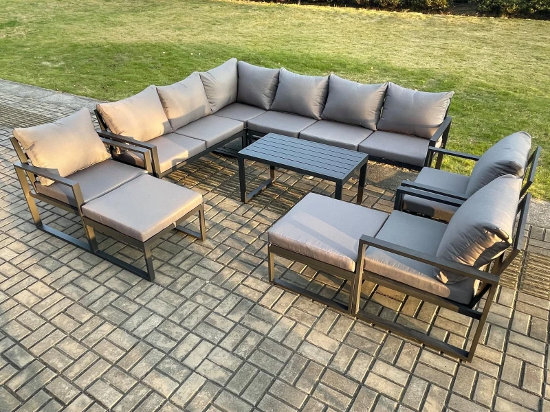 Image of Fimous Aluminum 11 Seater Outdoor Lounge Corner Sofa Set Garden Furniture Sets with Oblong Coffee Table 3 Chairs 2 Big Footstools Dark Grey Dark Grey