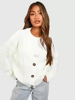 Image of Boohoo Cable Knit Crop Cardigan - Ivory, Cream, Size L, Women