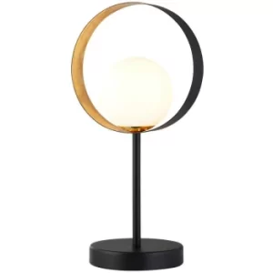 Image of Searchlight Orbital 1 Light Matt Black And Gold Leaf Table Lamp With Opal Glass