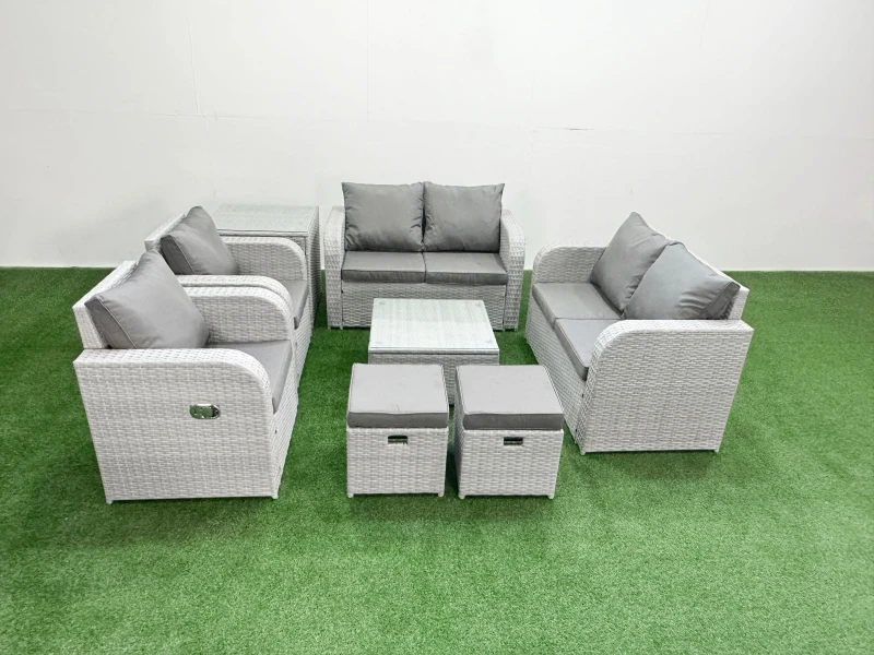 Image of Fimous 8 Seater Outdoor Reclining Chair Love Sofa Set Rattan Garden Furniture Set with Square Coffee Table 2 Stools Side Table Light Grey Light Grey