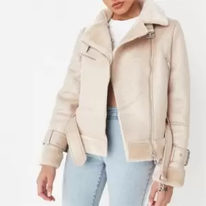 Image of Missguided Premium Petite Faux Fur Aviator Jacket - Beige